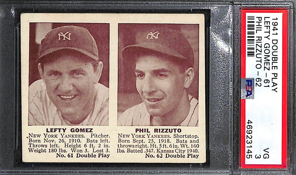 Lot of 3 Graded 1941 Double Play Cards - Rizzuto/Gomez PSA 3, Ott/Young PSA 5 MK, Dom DiMaggio/Pytlak PSA 2