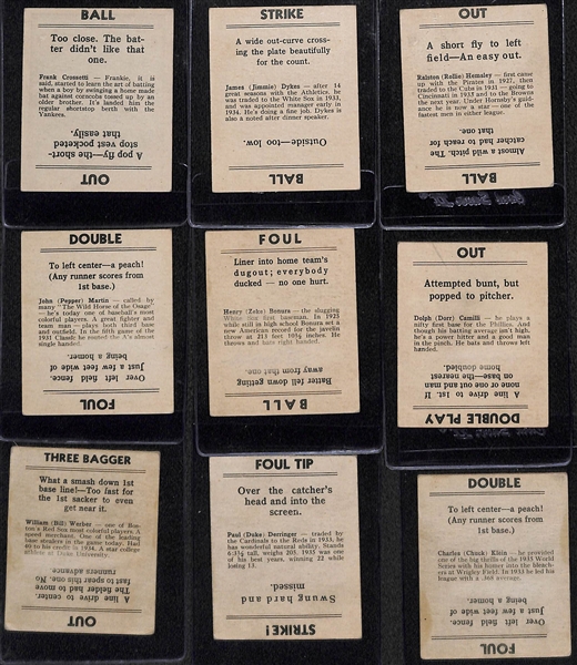 Lot of (9) 1936 Goudey R322 Cards with Crosetti, Dykes, Klein, Werber, Derringer, Bonura, Pepper Martin, Hemsley, Camilli. 