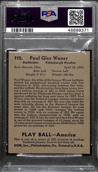Lot of (44) Different 1939 Play Ball Cards (44 of the 162 Card Set - Cards Are #ed Above #93 w. Paul Waner #112 PSA 4