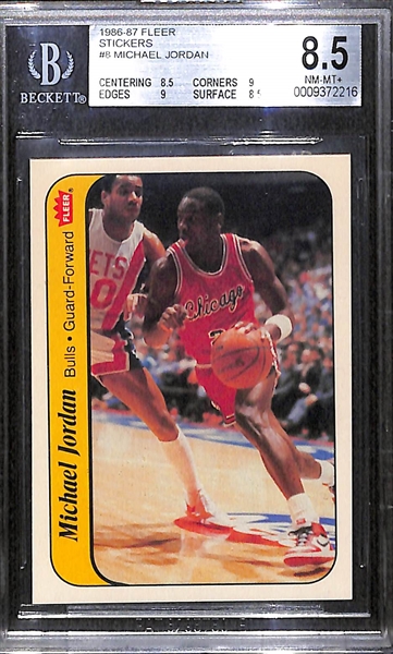 1986-87 Fleer Basketball Michael Jordan Rookie Sticker #8 BGS 8.5 (Subgrades are 9, 9, 8.5, 8.5)