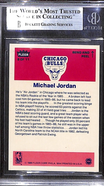 1986-87 Fleer Basketball Michael Jordan Rookie Sticker #8 BGS 8.5 (Subgrades are 9, 9, 8.5, 8.5)