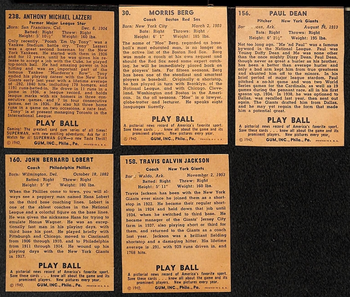 Lot of (50) Authentic/Trimmed 1940 Play Ball Cards w. Lazzeri, Berg, Daffy Dean, Lobert, Travis Jackson, +