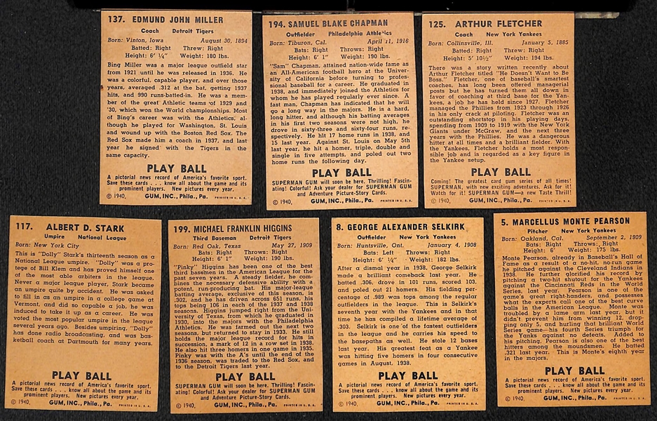 Lot of (71) Authentic/Trimmed 1940 Play Ball Cards w. Bing Miller, Sam Chapman, Fletcher, Stark, Higgins, Selkirk, Pearson, +