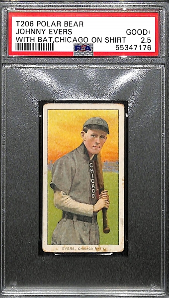 1909-11 T206 Johnny Evers, w. Bat & Chi. Cubs on Shirt (HOF) Tobacco Card Graded PSA 2.5 (Polar Bear Back)