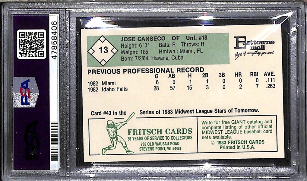 Rare 1983 Fritsch Madison Muskies Jose Canseco #13 Rookie Card - PSA 10 Gem Mint (Also Includes the Rest of the Team Set)