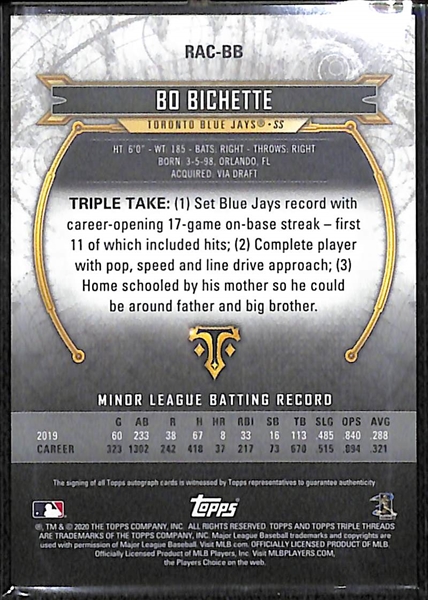 2020 Topps Triple Threads Bo Bichette Rookie Autograph #ed 5/50
