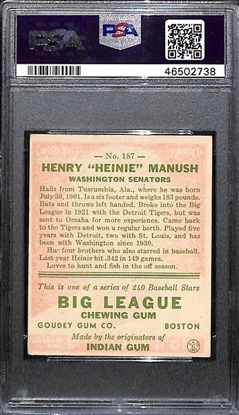 Signed 1933 Goudey Heinie Manush PSA 4 (Auto Grade 8) From The Uncle Jimmy Collection