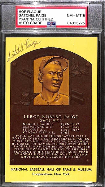 Satchell Paige Signed Baseball HOF Plaque Card - - PSA/DNA Encased w. Autograph Grade 8