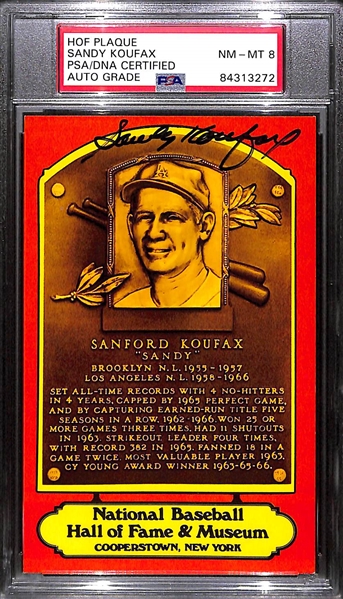 Sandy Koufax Signed Baseball HOF Plaque Card - PSA/DNA Encased w. Autograph Grade 8