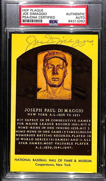 Joe DiMaggio Signed Baseball HOF Plaque Card - PSA/DNA Encased