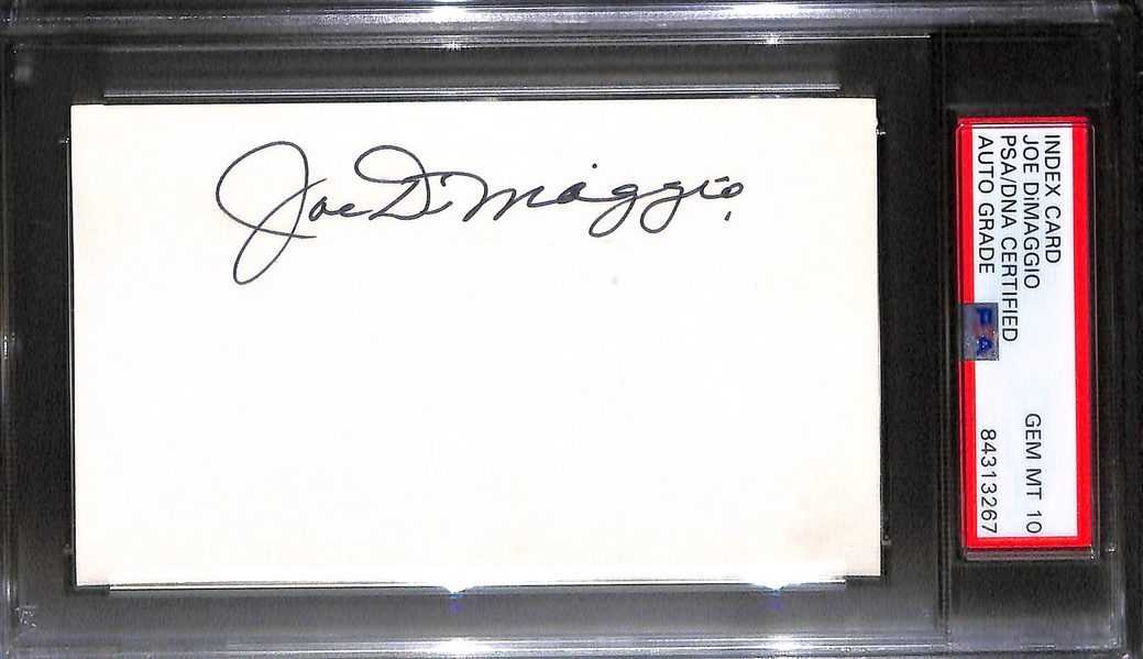 Lot of (2) PSA/DNA-Encased Signed Index Cards - Hank Aaron (Auto Grade 8) & Joe DiMaggio (Auto Graded 10)