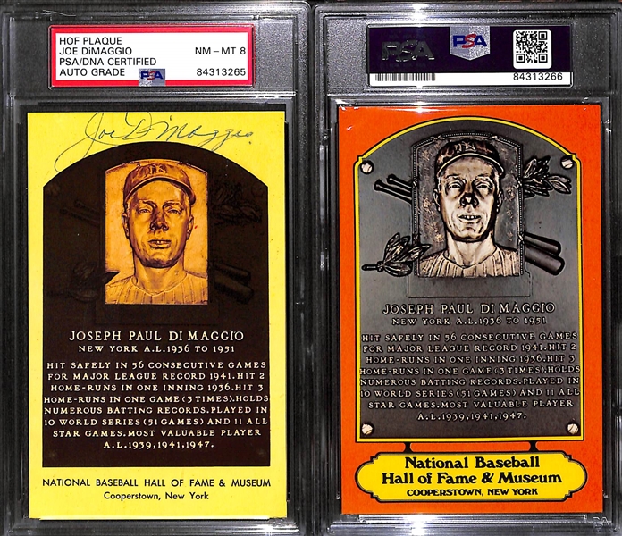 Lot of (2) Joe DiMaggio Signed Baseball HOF Plaque Cards (1 Signed on Front; 1 on Back) - PSA/DNA Encased (Auto Grades 8 and 9)