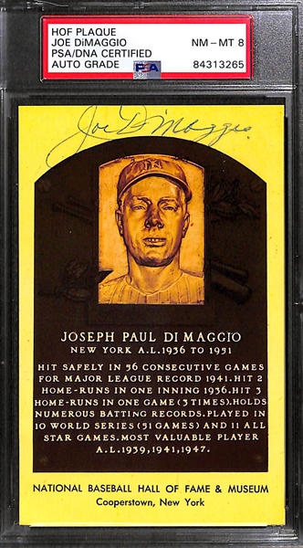 Lot of (2) Joe DiMaggio Signed Baseball HOF Plaque Cards (1 Signed on Front; 1 on Back) - PSA/DNA Encased (Auto Grades 8 and 9)