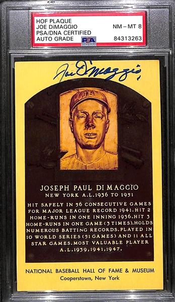 Joe DiMaggio Signed Baseball HOF Plaque Card - PSA/DNA Encased w. Autograph Grade 8