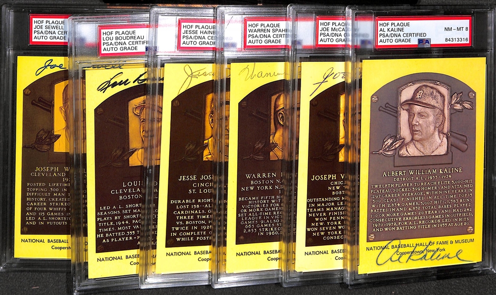 Lot of (6) PSA/DNA Slabbed HOF Plaque Cards (Kaline, McCarthy, Spahn, Haines, Boudreau, Sewell)