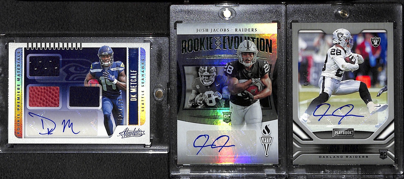 2019 Rookie Autograph Lot - DK Metcalf Absolute Triple Relic Auto #/199 and (2) Josh Jacobs (Passing the Torch #/10, and Playbook #ed/49) 