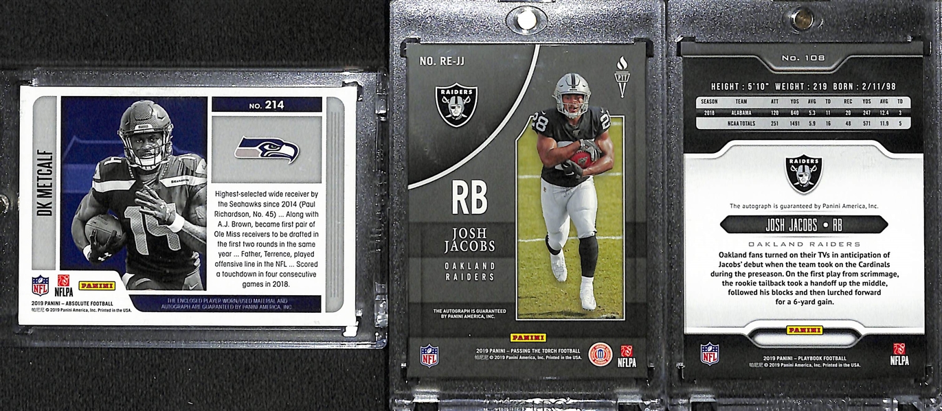 2019 Rookie Autograph Lot - DK Metcalf Absolute Triple Relic Auto #/199 and (2) Josh Jacobs (Passing the Torch #/10, and Playbook #ed/49) 
