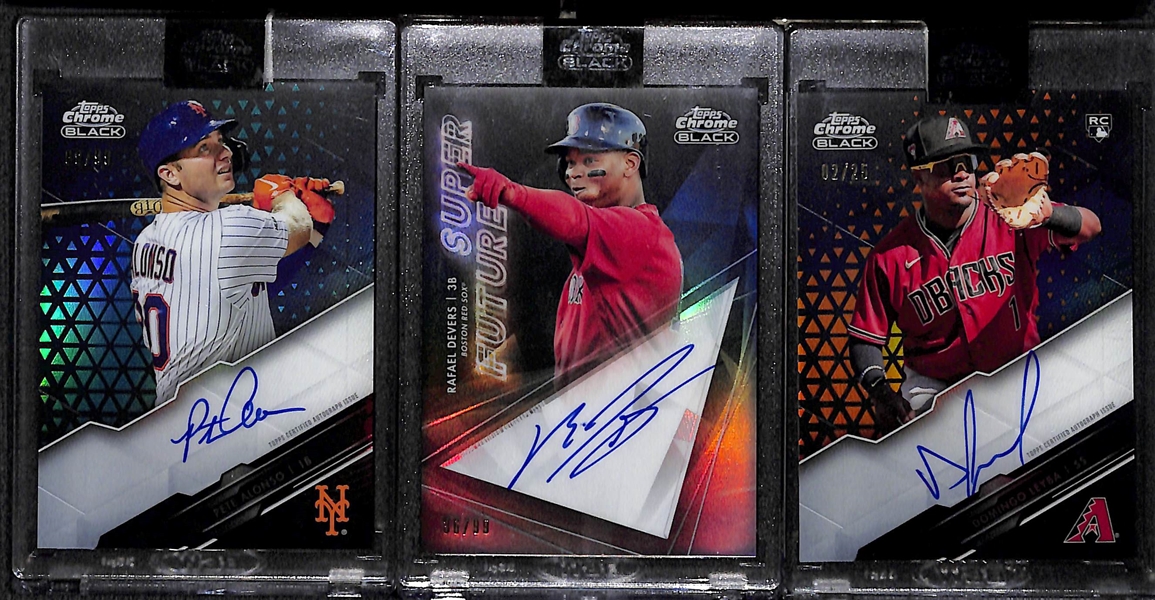 Lot of (3) 2020 Topps Chrome Black Autographed Cards - Peter Alonso #ed/99, Rafael Devers #ed/99, and Domingo Leyba Rookie #ed/25