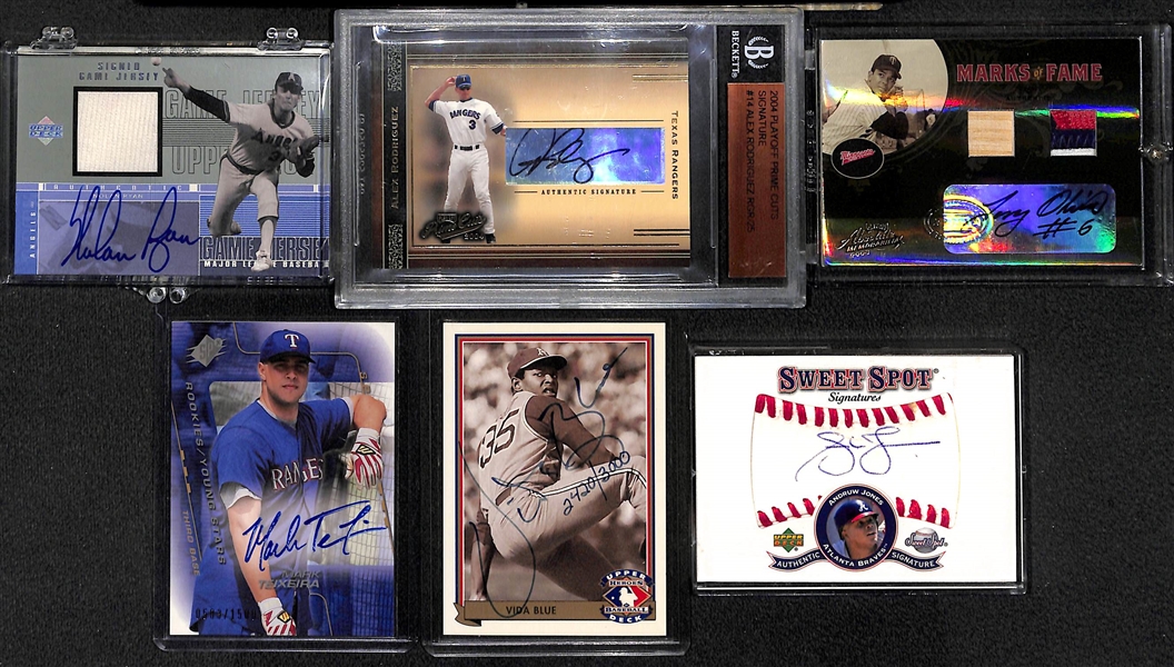 Lot of (6) Baseball Autographed Cards w. Nolan Ryan, Alex Rodriguez, Tony Oliva, Mark Teixeira, Vida Blue, Andruw Jones