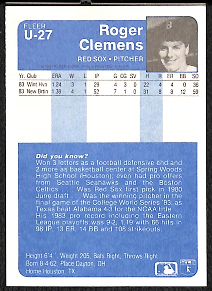 1984 Fleer Update Roger Clemens Autographed Rookie Card (Crease in Card)