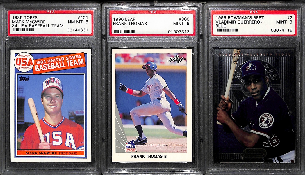 Lot of 3 Graded Baseball Rookie Cards - 1985 Topps McGwire, 1990 Leaf Thomas, 1995 Bowman's Best Guerrero - PSA 8s & 9