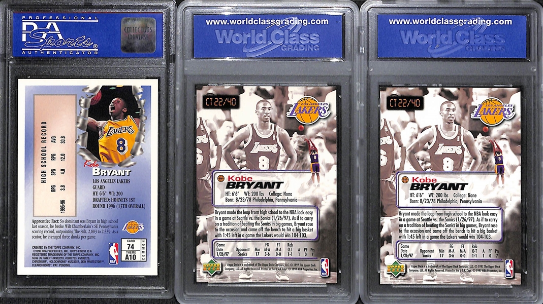 1996-97 Topps Finest Kobe Bryant #74 Rookie Graded PSA 8 and (2) 1997-98 UD Nestle Crunch Time Cards 
