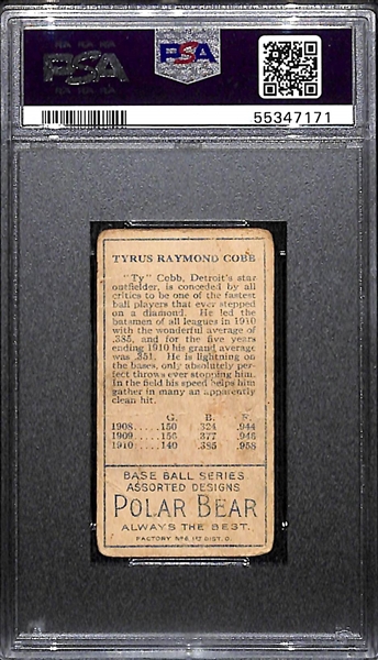 1911 T205 Gold Border Ty Cobb Graded PSA 1.5 (Polar Bear Back, Factory No. 6) 