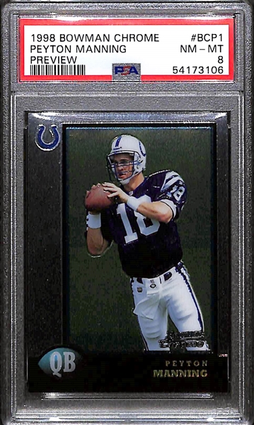 Peyton Manning 1998 Rookie Lot - Topps Chrome Preview PSA 8, Topps Chrome Preview Refractor PSA 7, Finest PSA 7