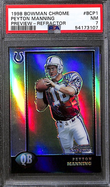 Peyton Manning 1998 Rookie Lot - Topps Chrome Preview PSA 8, Topps Chrome Preview Refractor PSA 7, Finest PSA 7
