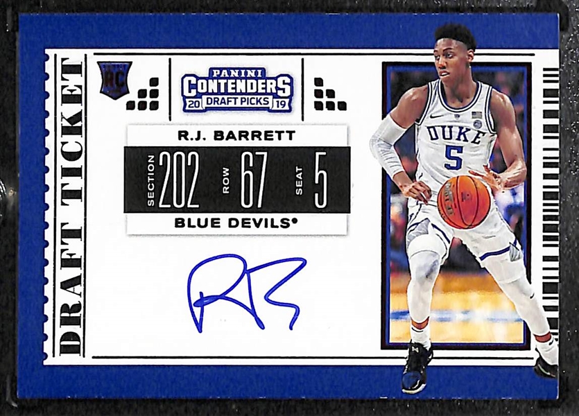 Lot of (25) Basketball Cards w. Contenders Draft RJ Barrett Rookie Ticket Autograph and J. Culver Jumbo Hat Patch