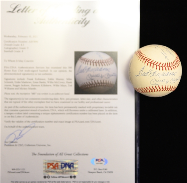 500 Home Run Signed Baseball (12 Autos) - PSA/DNA Graded 8.5 (Auto Grade 9, Ball Grade 8) w. Mantle, Williams, Mays, Aaron, Banks, + 