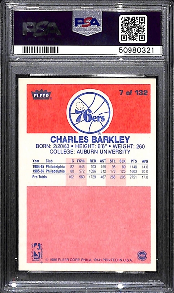 1986-87 Fleer Charles Barkley #7 HOF Rookie Graded PSA 7 NM