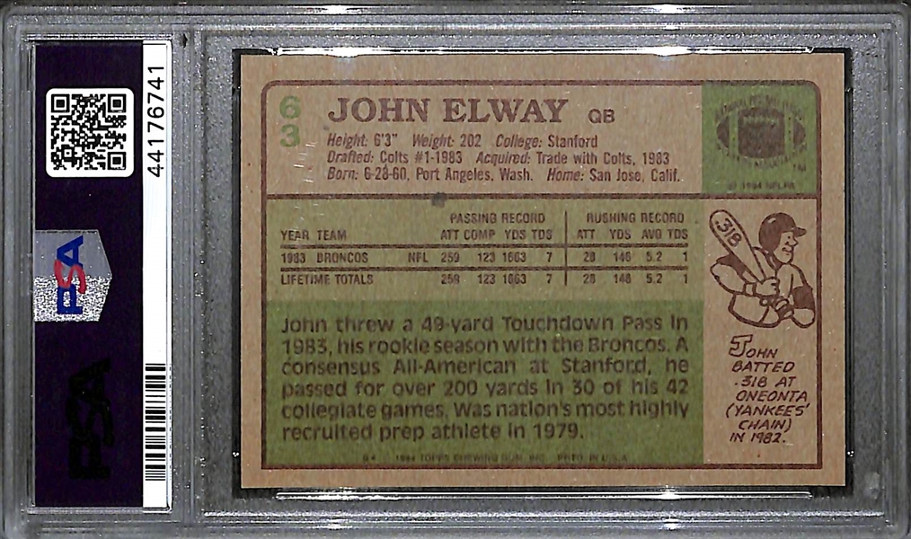 1984 Topps John Elway Rookie #63 Graded PSA 8 NM-MT