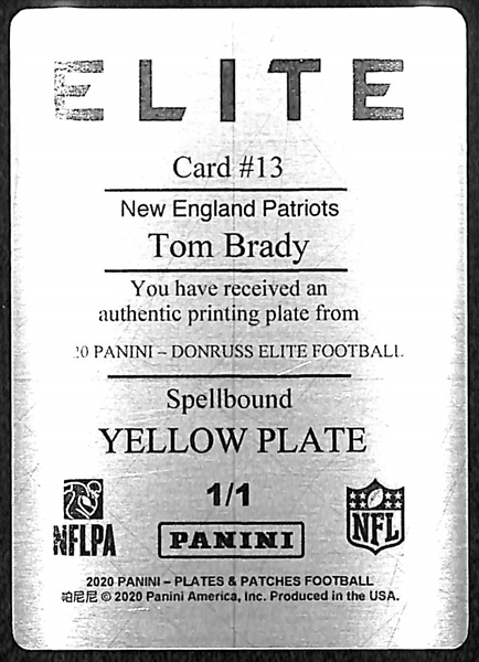 2020 Panini Elite Tom Brady Spellbound Printing Plate #ed 1/1 - Original Yellow Printing Plate!