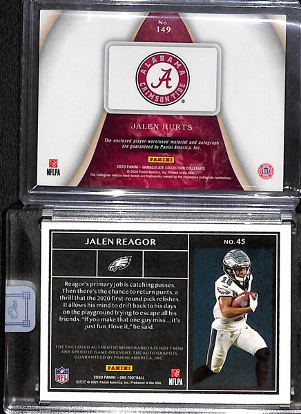 2020 Eagles Lot - Jalen Hurts Immaculate Autograph Rookie #ed 1/25, Jalen Reagor Panini One Rookie Patch Autograph  #ed 75/99