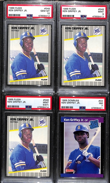 Lot of (4) 1989 Ken Griffey Jr. Cards w. Fleer #548 PSA 10, Fleer PSA 9, Fleer PSA 9 ST, and Donruss PSA 7