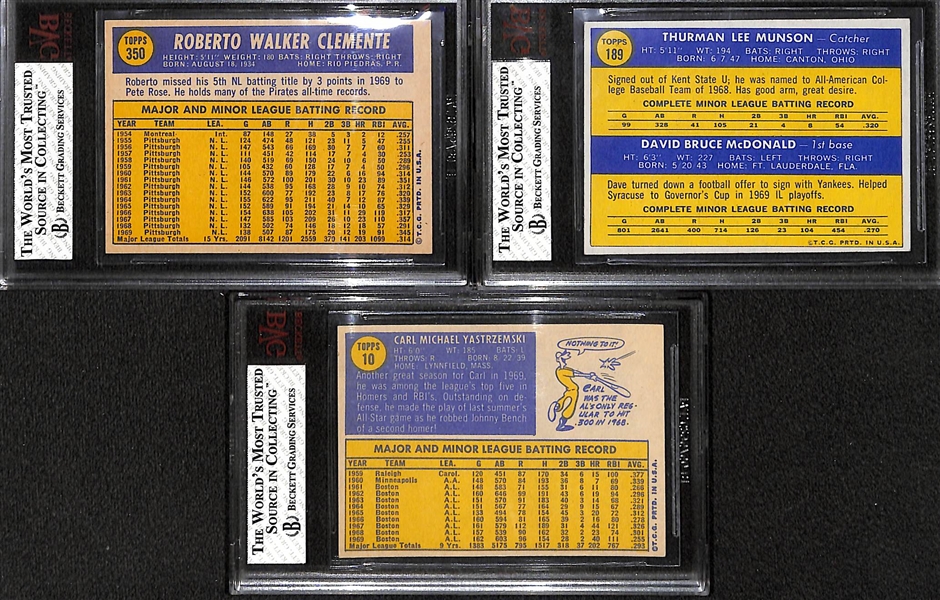 (3) 1970 Topps Graded Cards - Roberto Clemente BVG 7.5, Thurman Munson Rookie BVG 5.5, Carl Yastrzeski BVG 6