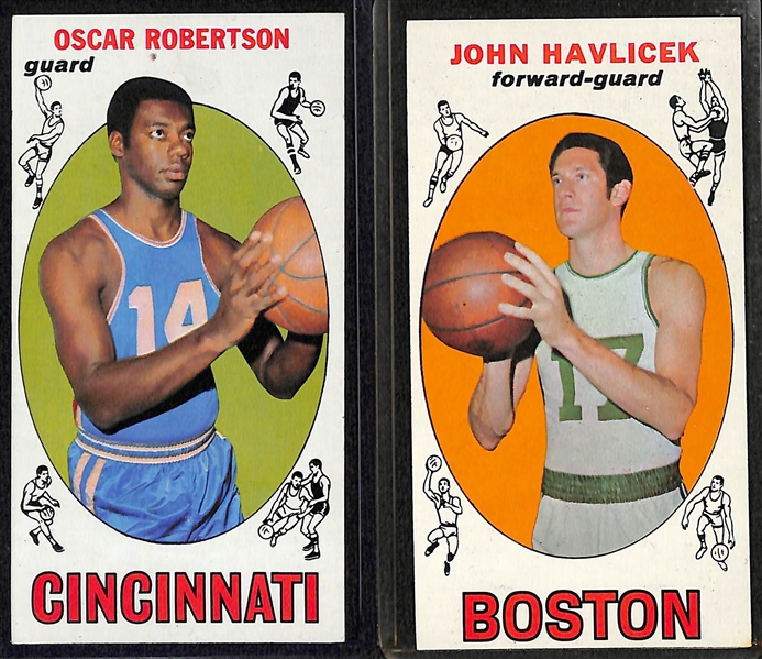 Lot of (9) 1969-70 Topps Basketball Cards w. O. Robertson, Havlicek, 3 Hayes, Baylor, 2 Unseld, Cunningham