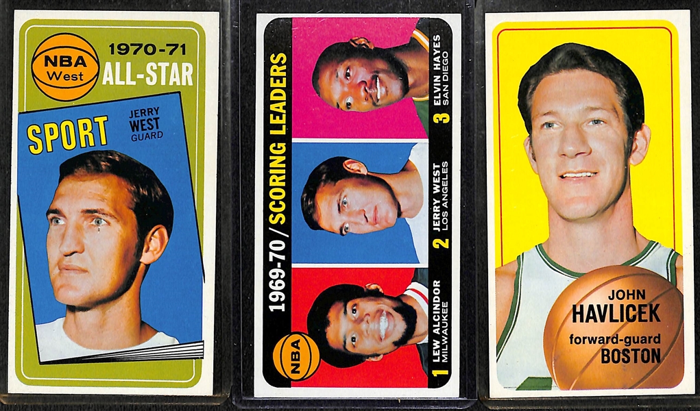 Lot of (20) 1969-70 Topps Basketball Cards w. Jerry West, Havlicek, Riley, Robertson, Bradley, 3 Jo Jo White, 3 Checklist Cards, Scoring Leaders #1. +