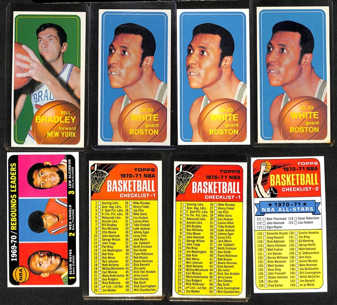Lot of (20) 1969-70 Topps Basketball Cards w. Jerry West, Havlicek, Riley, Robertson, Bradley, 3 Jo Jo White, 3 Checklist Cards, Scoring Leaders #1. +