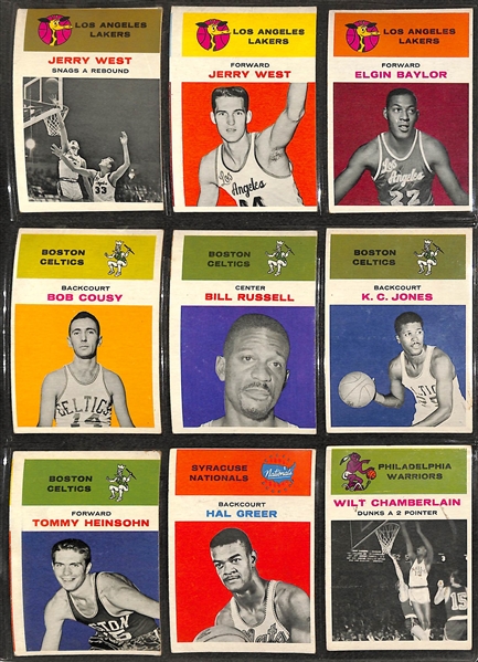 1961 Fleer Basketball Partial Set (44 of 66 Cards) w. Russell, Russell IA, Chamberlain IA, West, West IA, Baylor, Cousy, KC Jones, Greer, Heinsohn, Robertson IA, Baylor IA, Cousy IA, +