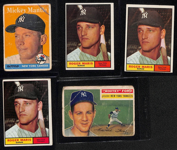 Low-Grade Vintage Card Lot w. 1958 Mantle (Ink Mark), (3) 1961 Roger Maris Cards, 1956 Whitey Ford (Creased)