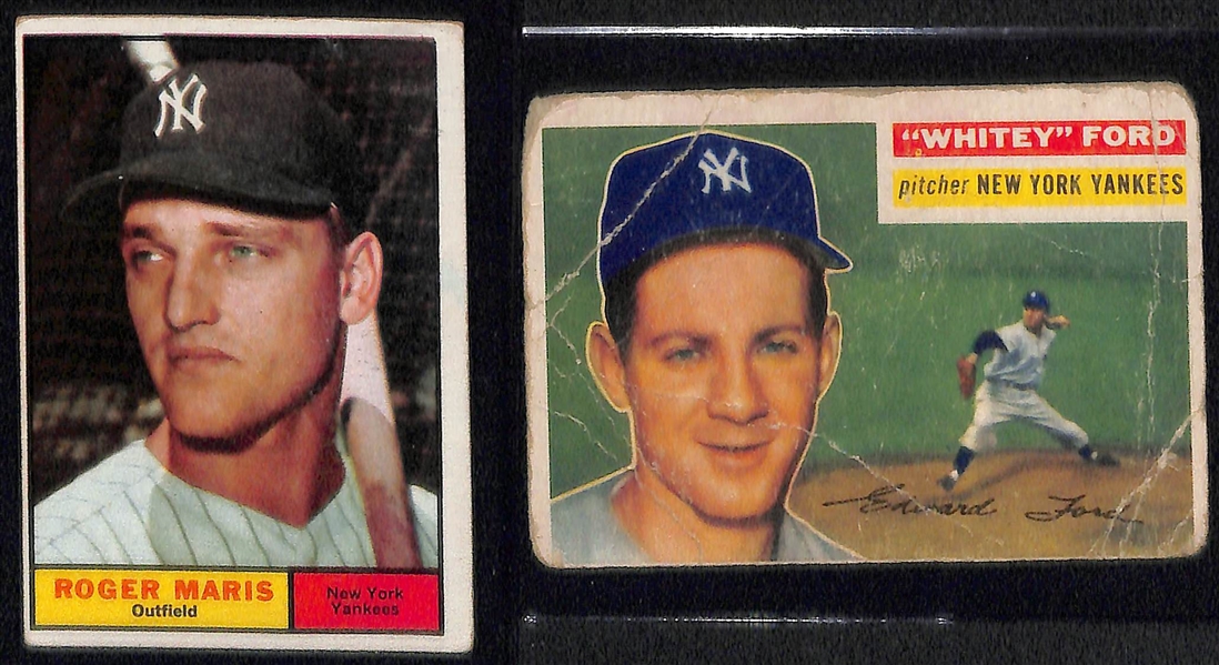 Low-Grade Vintage Card Lot w. 1958 Mantle (Ink Mark), (3) 1961 Roger Maris Cards, 1956 Whitey Ford (Creased)