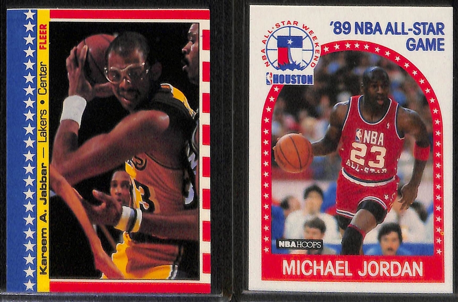 (7) Basketball Cards w. 1986 Fleer (Abdul-Jabbar, Magic Johnson, Abdul Jabbar Sticker), 1987 Fleer Stickers (Bird, Barkley, Abdul-Jabbar), & 1989 Hoops M. Jordan All-Star