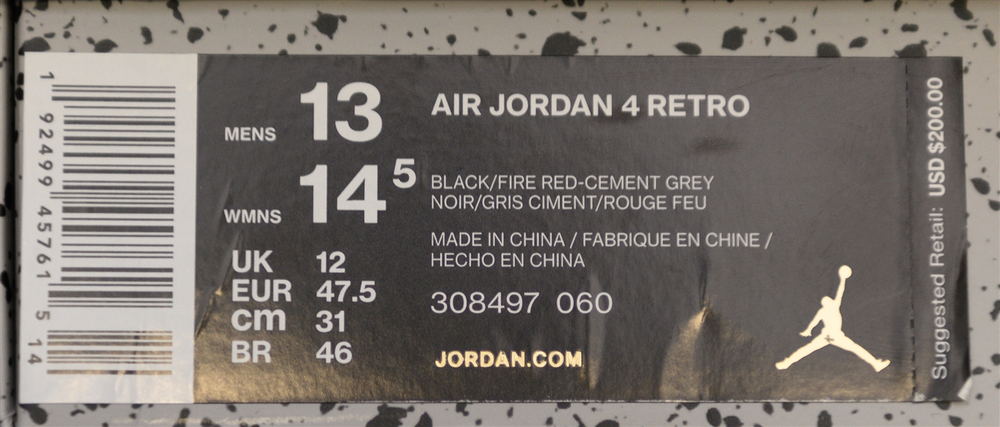 2018 Nike Air Jordan 4 Retro Black Cement Bred - Size 13 (Jordan's Actual Size)