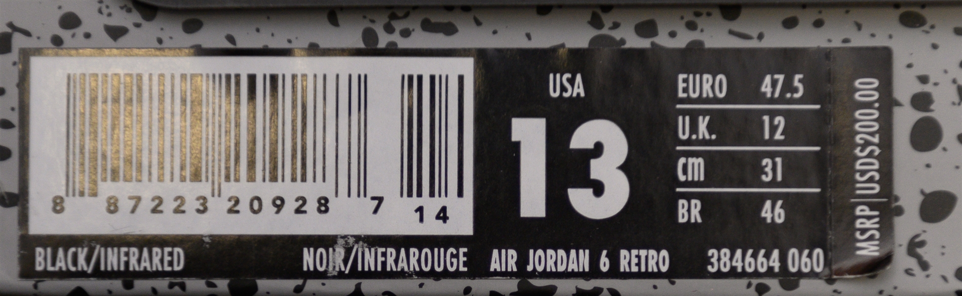 2018 Nike Air Jordan 6 Retro Black Infrared - Size 13 (Jordan's Actual Size)