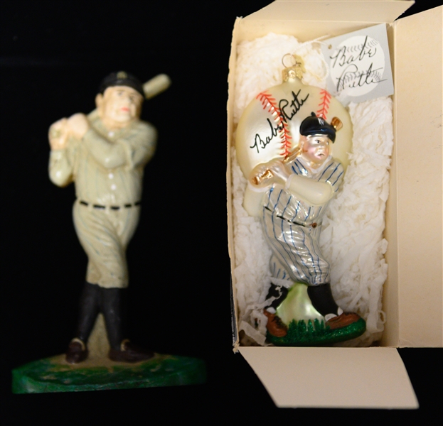 Babe Ruth Lot - Kurt Adler Blown Glass Christmas Ornament (With Box) and Cast Iron Door Stop