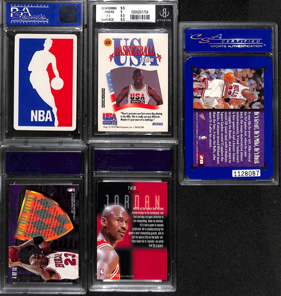 (5) Graded Michael Jordan Cards w. 1988 Fournier PSA 9, 1991 Skybox USA BGS 9, 1995 Stadium Club CSA 9, 1995 Ultra Scoring Kings Hot Packs PSA 8, 1998 Ultra Board Game PSA 8