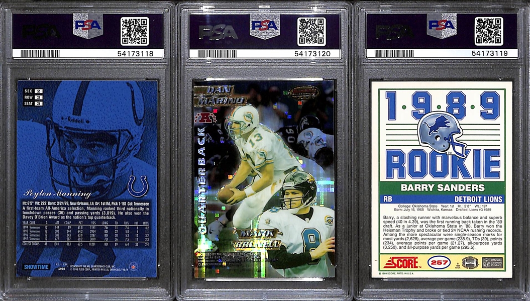 Lot of (3) Football Graded Cards - 1989 Score Barry Sanders, 1998 Flair Peyton Manning Rookie 1996 Atomic Refractor w. Dan Marino & Steve Young