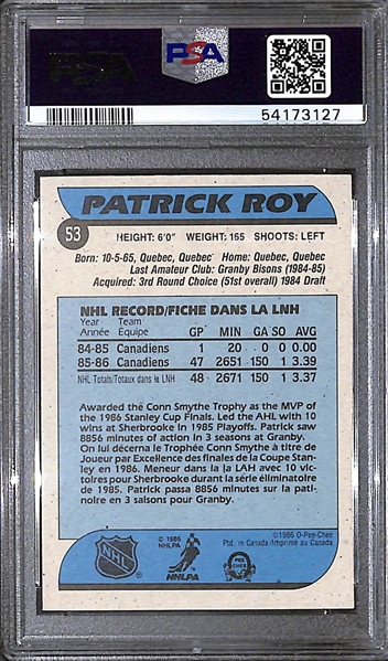 1986 O-Pee-Chee Patrick Roy #53 Rookie Card Graded PSA 8